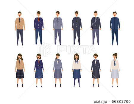 様々な制服を着た男女の高校生 中学生のイラストのイラスト素材