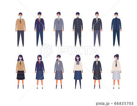 マスクをして様々な制服を着た男女の学生のイラスト 66835703
