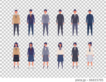 Illustration of male and female high school students and junior high school students in various uniforms 66835705