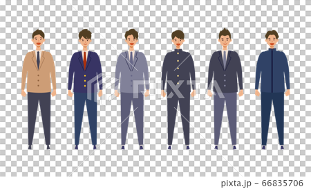 Illustration of a high school boy standing upright in various uniforms 66835706