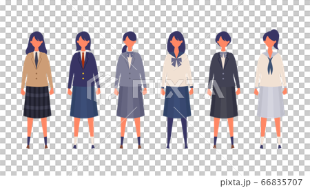 様々な制服を着て直立した女子高生のイラストのイラスト素材