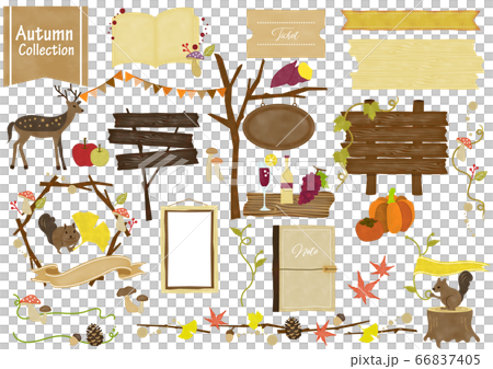 水彩油彩アナログ風の秋の看板と動物と植物の装飾素材のベクターイラストセットのイラスト素材