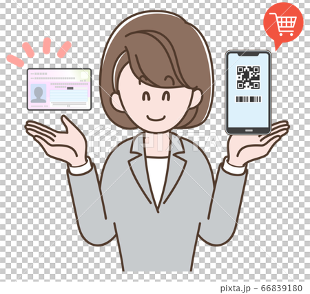 マイナポイントの説明をするスーツの女性 66839180