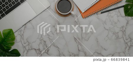 Copy space on marble worktable with laptop, 66839841