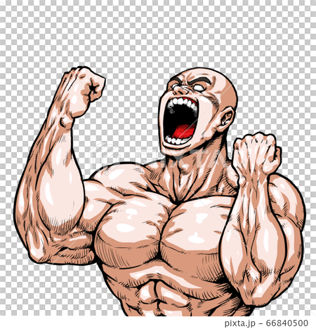 ガッツ ハゲ スキンヘッド 劇画 漫画 筋肉 ボディビル マッチョ ポーズ 正面 白背景 のイラスト素材