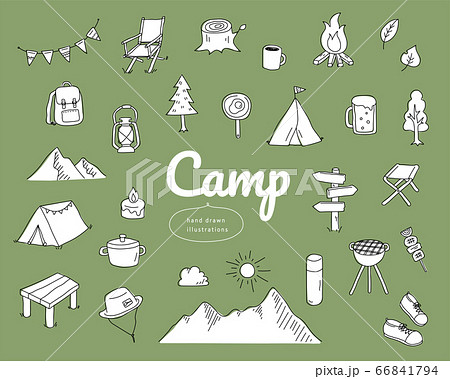 手書きのキャンプのイラストのセット アイコン おしゃれ かわいいのイラスト素材