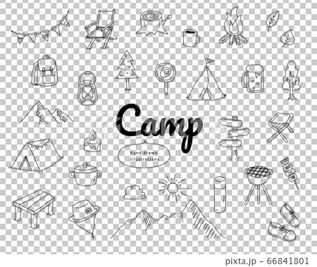 手書きのキャンプのイラストのセット アイコン おしゃれ かわいいのイラスト素材