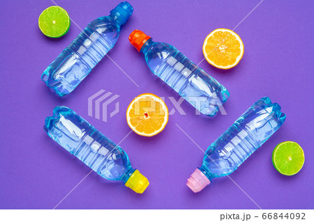 Citrus infused water bottle, flat lay, top view 66844092