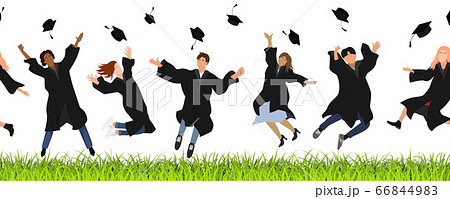 Seamless border with happy graduate students in graduation clothing jumping on the lawn and throwing the mortarboard high into the air. Flat vector pattern 66844983