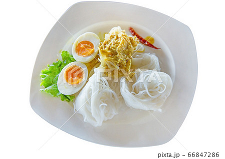 Rice Noodles with Crab Curry, on white plate, 66847286