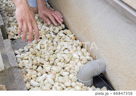 防草シートの上から玉砂利をひく男性の手元 防草シートの上から玉砂利をひく男性の手元 66847356