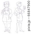 Sketch. Two women in modern outfits: one wearing bright clothes, headphones, backpack; second wearing dress, tall boots with heels and holding paper coffee cup.	 66847900