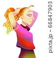 Woman fixing her ponytail, illustration. Vivid and bright colors, texture brush	 66847903