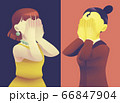 Two women covering their face with hands. Woman in dress and in business suit	 66847904