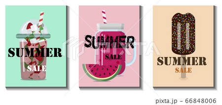 Flat vector illustration of a summer sale of goods. Advertising with ice cream, smothie, lemonade on a banner, website or flyer about 50 percent discounts on goods, products, and clothing during the 66848006