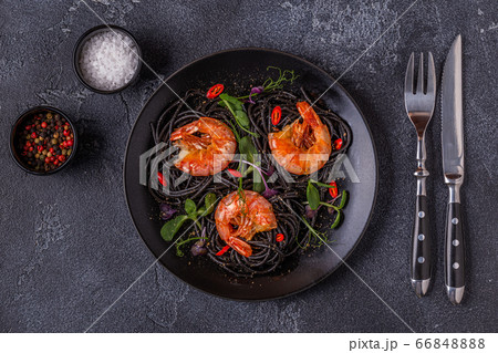 Italian pasta black spaghetti with shrimp and Italian pasta black spaghetti with shrimp and 66848888