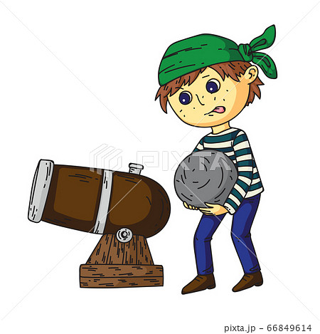 Boy pirate charges cannon with cannonball on white Boy pirate charges cannon with cannonball on white 66849614