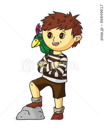 Boy pirate in t-shirt, shorts with parrot on white Boy pirate in t-shirt, shorts with parrot on white 66849617