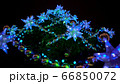 Fantastic whirling around stunning Christmas tree at town square decorated large luminous multi-pointed blue stars and yellow balls 66850072