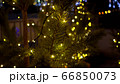 Small Christmas trees decorated with yellow luminous garlands near the ice rink at the Christmas market with blur 66850073