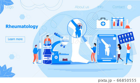 Rheumatology concept for website. Tiny rheumatologists treat rheumatism, osteoarthritis. Arthritis flat concept vector on the blue background for national healthcare day, week. 66850555