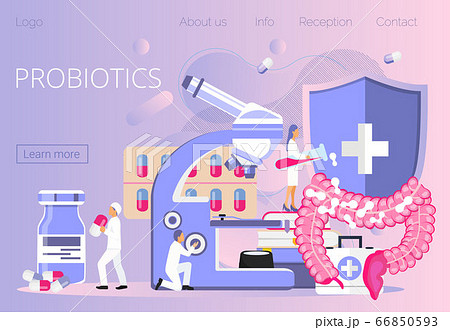 Tiny doctors give intestine probiotic bacteria, lactobacillus. Healthcare landing page, immunity support concept vector for horizontal banner, poster, flyer, website. Symbol of useful milk products. Tiny doctors give intestine probiotic bacteria, lactobacillus. Healthcare landing page, immunity support concept vector for horizontal banner, poster, flyer, website. Symbol of useful milk products. 66850593