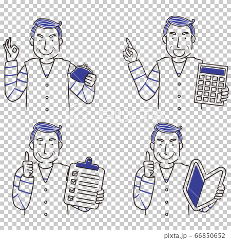 Hand-drawn 1color casual senior man 4 poses with items 66850652