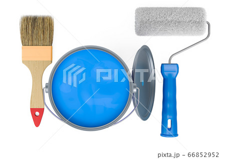 Paint Can with brush and roller brush, top view. Paint Can with brush and roller brush, top view. 66852952