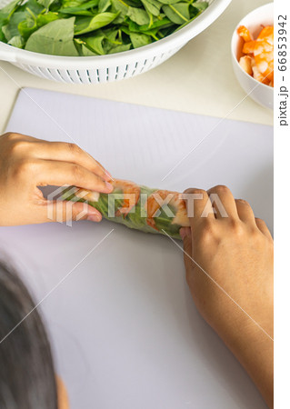 Human making Goi Cuon- Vietnamese shrimp wrapped rolls Human making Goi Cuon- Vietnamese shrimp wrapped rolls 66853942