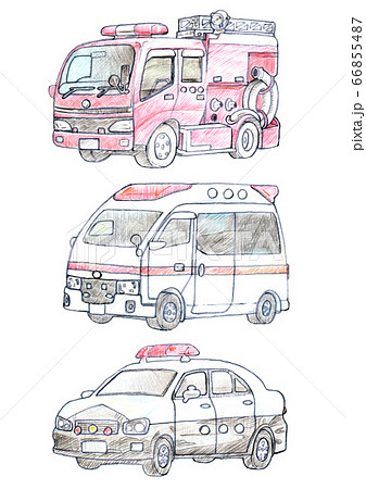 働く車 消防車 救急車 パトカー 色鉛筆画 のイラスト素材