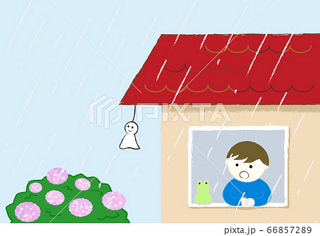 てるてる坊主と僕とカエルと 雨が降る様子をおどろいて見ているのイラスト素材