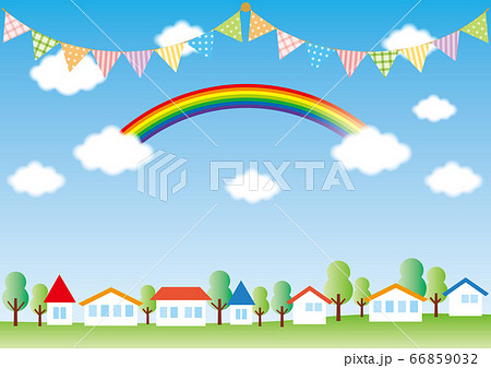 青空と町並み 虹とフラッグ背景のイラスト素材