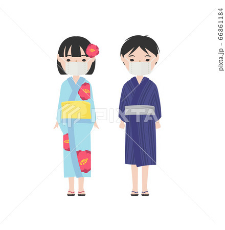 マスクを付けた浴衣姿の男の子と女の子のイラスト素材