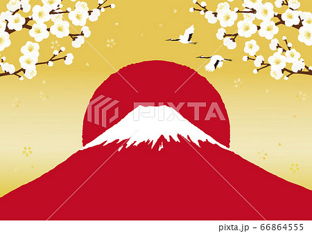 赤富士の上を飛ぶ鶴 梅の木 正月背景イラストのイラスト素材