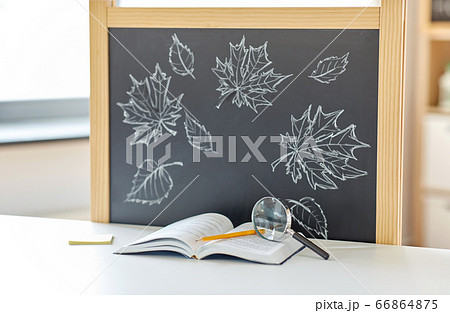 book with magnifier on table and chalkboard book with magnifier on table and chalkboard 66864875