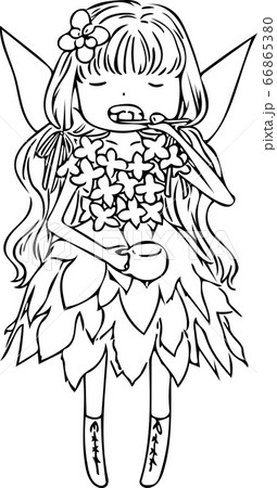 歯磨きをする花の服を着た妖精の女の子のイラスト素材