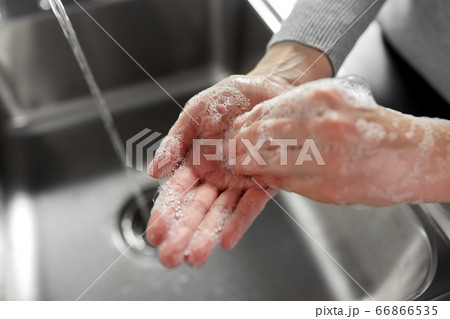woman washing hands with soap in kitchen woman washing hands with soap in kitchen 66866535