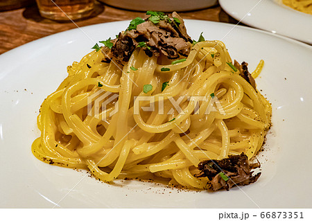 黒トリュフと雲丹の濃厚クリームパスタ ハイアングル 正面 横位置 黒トリュフと雲丹の濃厚クリームパスタ ハイアングル 正面 横位置 66873351