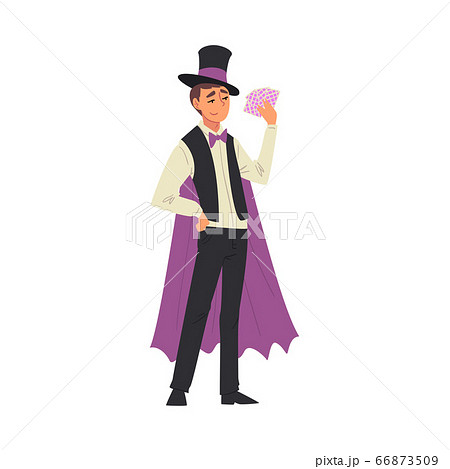 Magician Doing Tricks with Playing Cards, Illusionist Character in Cape Performing at Magic Show Cartoon Style Vector Illustration Magician Doing Tricks with Playing Cards, Illusionist Character in Cape Performing at Magic Show Cartoon Style Vector Illustration 66873509