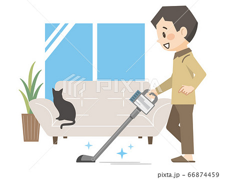 リビングを掃除する若い男性 66874459