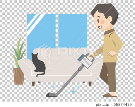 リビングを掃除する若い男性 66874459