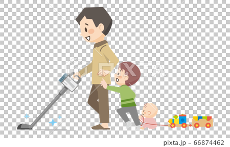 掃除機をかける父親と子供たちのイラスト素材