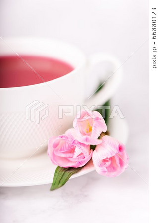Raspberry tea and pink freesia flowers on a white background 66880123