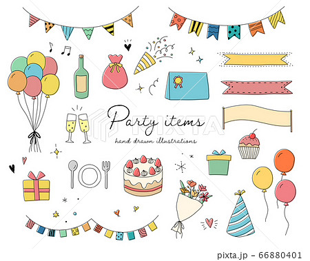 パーティーグッズの手書きのイラストのセット 誕生日 記念日 イベントのイラスト素材