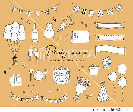 パーティーグッズの手書きのイラストのセット 誕生日 記念日 イベントのイラスト素材