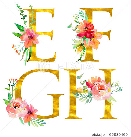 Golden classical form letters E, F, G, H decorated Golden classical form letters E, F, G, H decorated 66880469