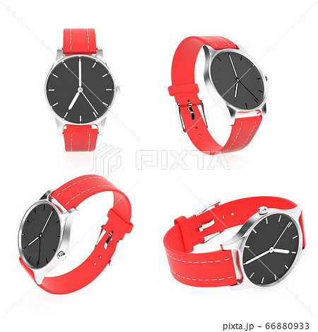 Wrist watch set. Black dial with steel case and red leather bracelet. 3d rendering illustration 66880933