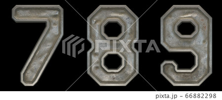Set of numbers 7, 8, 9 made of industrial metal on black background 3d 66882298