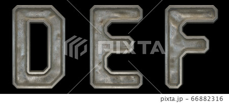 Set of capital letters D, E, F made of industrial metal isolated on black background. 3d 66882316