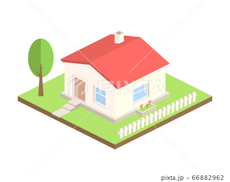 Isometric house on white background. 3d cottage with tree and fence. Real estate or home concept. Beautiful country house with red roof. Apartment for rent. Vector illustration Isometric house on white background. 3d cottage with tree and fence. Real estate or home concept. Beautiful country house with red roof. Apartment for rent. Vector illustration 66882962
